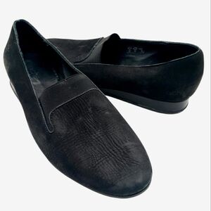 Arche Womens 9 Leather Mini Wedge Loafer Black Stretch Almond Toe Slip On Shoe